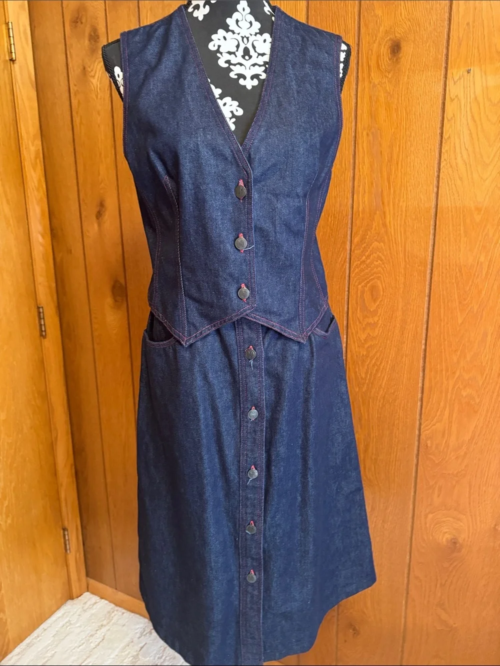 Halston 111 Women's Dark Indigo Denim Jacket and Vest & Skirt Set